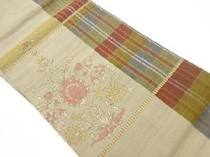 手織り紬格子に草花模様織出し名古屋帯